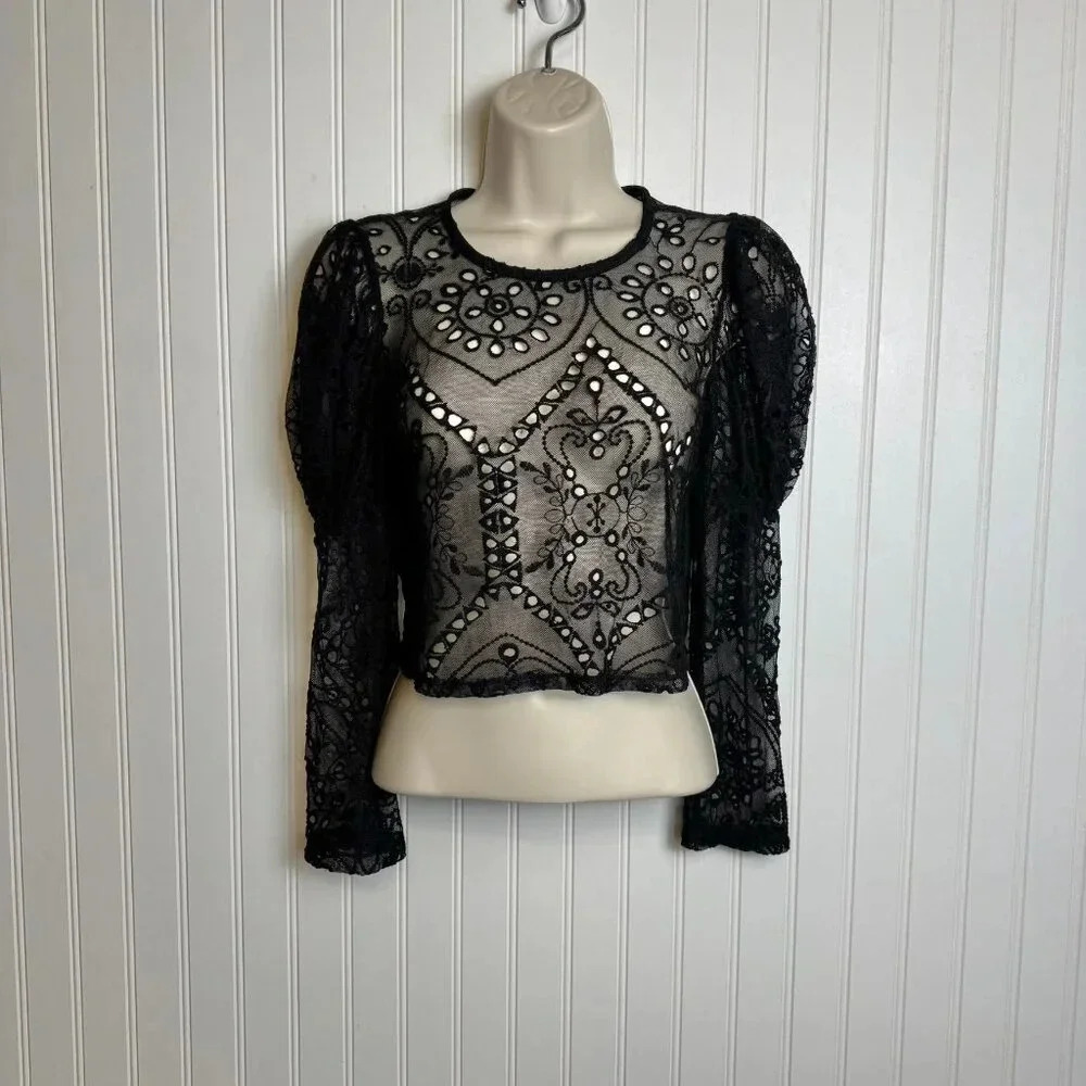 Zara Black Lace Sheer Puff Sleeve Crop Top